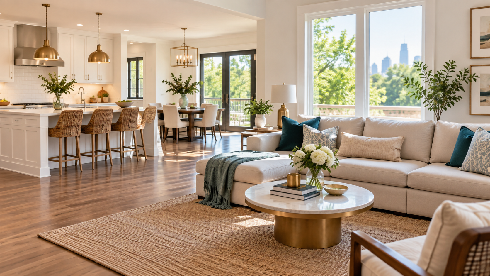 A bright, freshly cleaned living room and kitchen